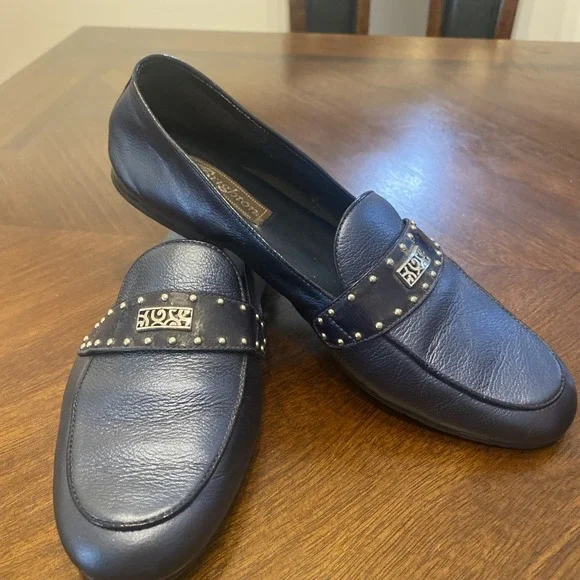 Brighton Women's Sapphire Blue Metallic/Black Loafers Studs Silver Tone Accents - Picture 1 of 16
